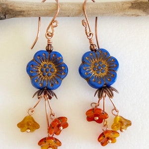 Cornflower Blue Flower Earrings, Premium Czech Glass, Blue Topaz Orange ...