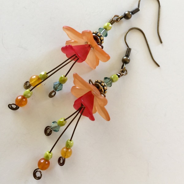 Lucite Flower Earrings, Tiger Lily Earrings, Orange Flower Earrings, Carnelian, Swarovski Crystal, Czech Glass Earrings, Antique Bronze