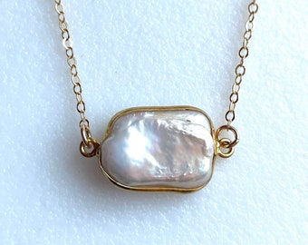 White Pearl Bezel Choker, Large Freshwater Cultured Pearl, 24K Gold Vermeil Bezel, June Birthstone, Bridal,  Gold Fill