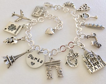 Pulseira com pingentes de Paris, Viagem a Paris, Apaixonado por Paris, Lembrança de Paris, Ano letivo em Paris, Memórias de Paris, Vida parisiense, Lua de mel em Paris