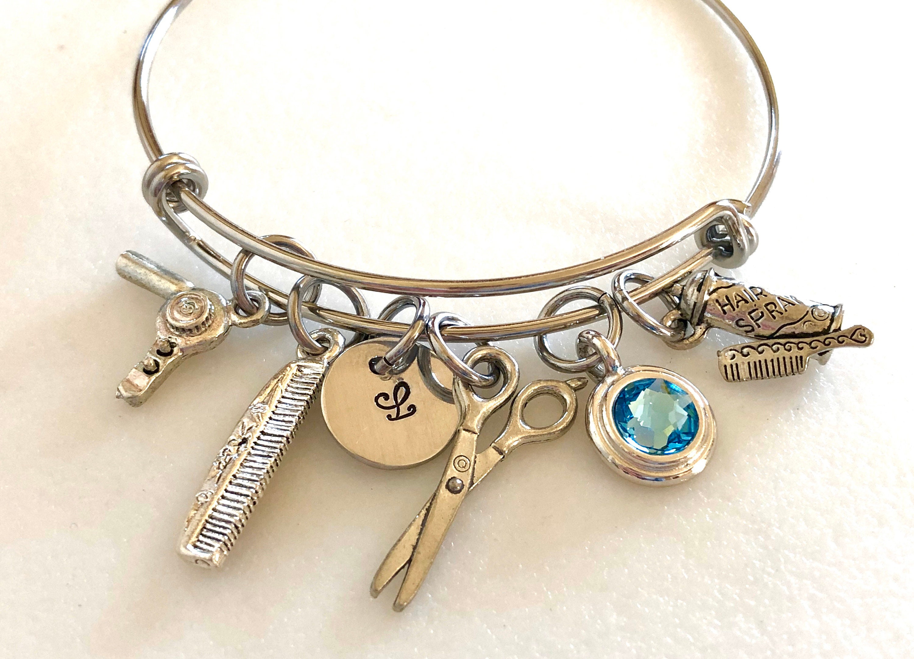 Hairdresser Bangle Hair Stylist Charm Bracelet Beautician Gift Beauty School Graduation Personalized Pewter Charms Adjustable