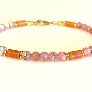 Pink Rhodochrosite and Desert Jasper Bracelet, Dusty Rose Pink Gemstone, Dainty Beaded Bracelet, Gold Vermeil, Gold Fill