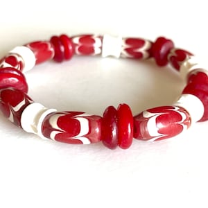 Red Java Chevron Bead Bracelet, Authentic Indonesian Chevron Beads, African Trade, White Fish Bone, Stretch, Unisex.