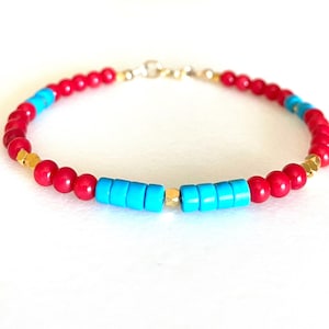 Red Coral and Turquoise Bracelet, Genuine Natural Blue Turquoise, Dainty Breaded Bracelet, 24K Gold Vermeil, Gold Fill, Unisex