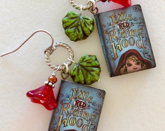 Little Red Riding Hood Earrings, Miniature Story Book Earrings, Fairy Tale Earrings, Handmade, Novelty,