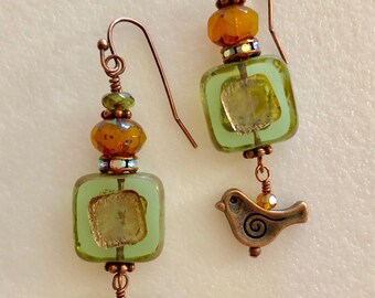 Green Czech Glass Earrings, Peridot Green Premium Picasso Beads, Metallic Gold Etched, Antique Copper Bird Charm, Rhinestone Rondelles