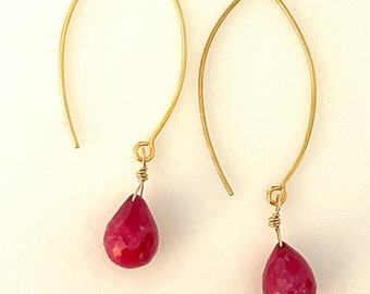 Ruby Teardrop Earrings, 14K Gold Vermeil, July Birthstone