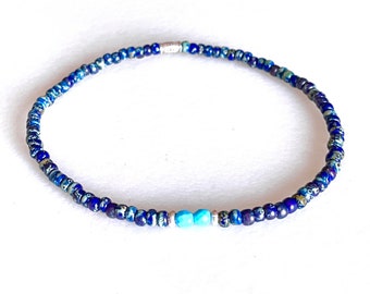 Men’s Sleeping Beauty Turquoise Bracelet, Cobalt Blue Bracelet, Karen Hill Tribe Fine Silver, Skinny Stretch Bracelet, Unisex