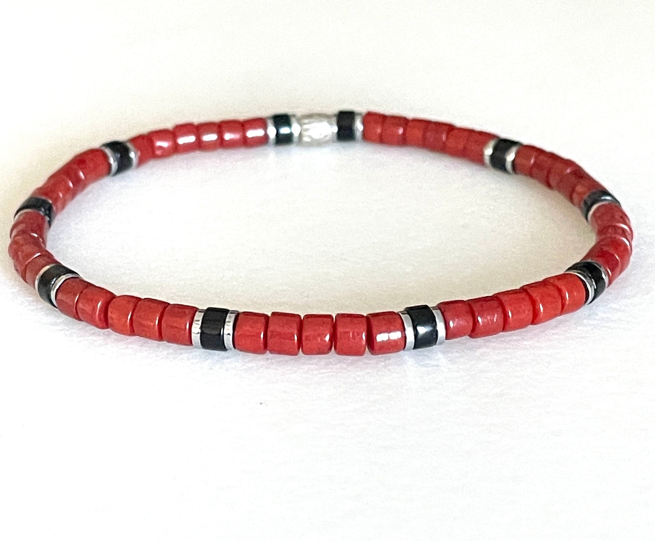 Red Coral Chip Bracelet on Black Band Black Coral Bracelet - Etsy main image 4