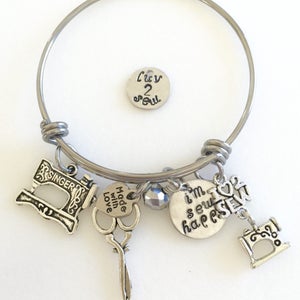 Sewing Bangle, Sewing Charm Bracelet, Love To Sew Bangle, Hand Stamped I'm Sew Happy, Sewing Machine, Sewing Gift, Custom, Stainless Steel image 5