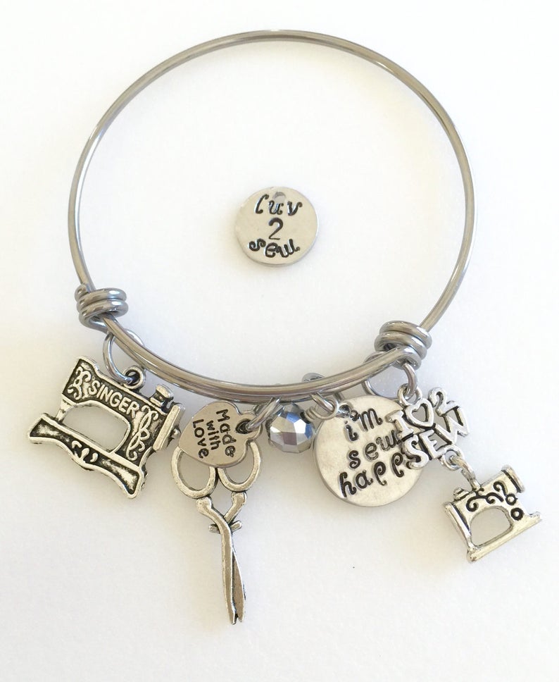 Sewing Bangle, Sewing Charm Bracelet, Love To Sew Bangle, Hand Stamped I'm Sew Happy, Sewing Machine, Sewing Gift, Custom, Stainless Steel image 5