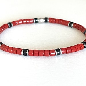 Men’s Red Coral Black Onyx Bracelet, Minimalist Stretch Bracelet, Karen Hill Tribe Fine Silver, Beaded Gemstones, Unisex.