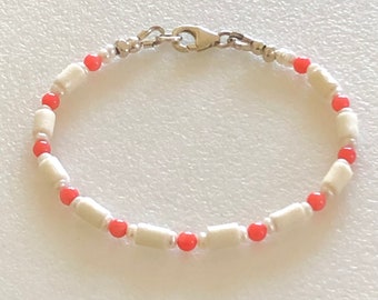 Koralle Perlenarmband für Männer / Frauen, lachsrosa Koralle, Süßwasserperlen, natürlicher Ochsenknochen, Perlenarmband, Unisex, Strand, Sterling Silber