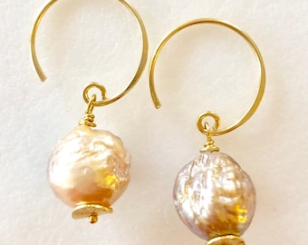 Pendientes de perlas Kasumi de melocotón suave, perlas Kasumi de agua dulce, barroca, perlas onduladas, piedra de nacimiento de junio, nupcial, vermeil de oro, plata de ley