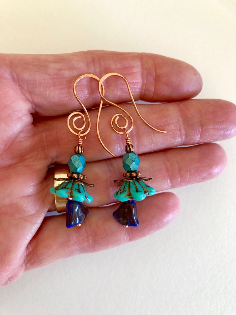 Boho Premium Czech Glass Turquoise Lapis Blue Flower Earrings Handmade Copper Wires Flower Earrings Rustic Picasso Flowers