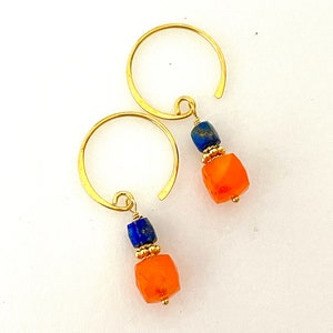 Carnelian and Lapis Earrings, Gemstone Earrings, Orange and Blue, Handmade 24K Gold Vermeil Hoops, Autumn Earrings