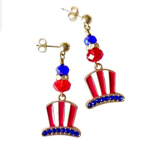 Fourth Of July Earrings, Independence Day, Uncle Sam&#39;s Hat Earrings, Patriotic Jewelry, Red White And Blue Earrings, Stars And Stripes, Gold