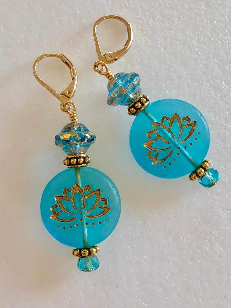 Lotus Blossom Earrings Aqua Blue and Gold Czech Lotus Flower Etsy