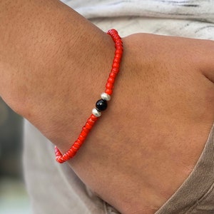 Men’s Black Tourmaline Bracelet, Red African Glass Beads, Ghana Fair Trade, Thai Fine Silver, Stretch, Skinny Bracelet, Unisex