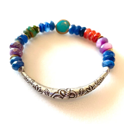 Kyanite and Turquoise Chunky shops Bracelet, Karen Hill Tribe Fine Silver, Multi Gemstone Stretch Bracelet