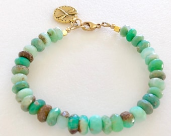 Chrysoprase Bracelet, Gemstone Beaded Bracelet, Raw Natural Green Chrysoprase, Healing Gemstone, Dragonfly Charm, Gold Fill, Sterling Silver