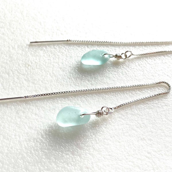 Genuine Blue Sea Glass Threader Earrings, Delicate Sky Blue Threaders, California Surf Tumbled, Petite Dangles, Sterling Silver.