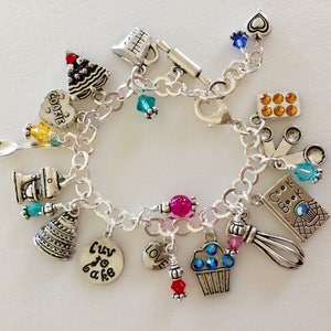 Baker's Charm Bracelet, "Luv To Bake" Charm Bracelet, Baking Charm Bracelet, Swarovski Elements,Hand Stamped Baker's Bracelet,Cooking Charms