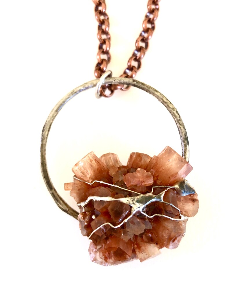 Raw Healing Crystal Artisan Pewter Aragonite Star Cluster Copper Statement Pendant Chakra Crystal Boho Aragonite Pendant