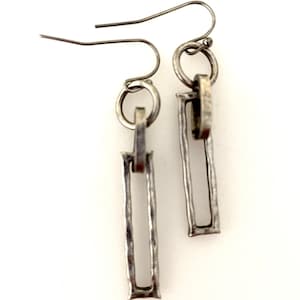Silver Hammered Earrings, Antique Silver Rectangle Dangles, Boho