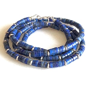 Lapis Lazuli Necklace, Natural Rustic Blue Lapis Heishi Beads, Beaded Gemstone Necklace, 14K Gold Fill, Sterling Silver.
