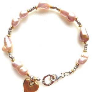 Lavender Blush Pearl Bracelet, Freshwater Cultured Rice Pearls, Karen Hill Tribe Fine Silver, 24K Gold Vermeil, Valentine’s Day.