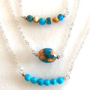 Turquoise Necklace, Kingman Mine Turquoise, Genuine Arizona Turquoise, Karen Hill Tribe, Delicate Bar Necklace, Sterling Silver.
