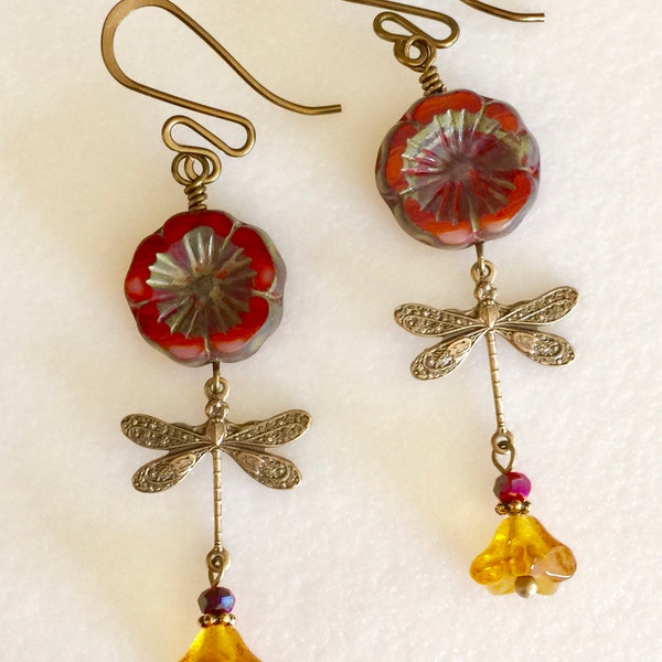 Red/Orange Flower Earrings, Red Hawaiian Flower, Topaz Flower Earrings, Vintage Bronze Dragonfly, Czech Glass Flowers, Boho Flower Earrings