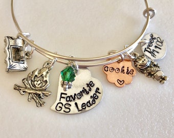 Girl Scout Bangle, "Favorite Leader", "I Love Girl Scouts", Girl Scout Leader Gift, Cookie Mom, Custom Hand Stamped, Camping & Cookie Charms