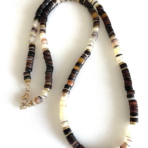 Black and Tan Shell Necklace, Men’s Necklace, Natural Sea Shell, Solid Bass, 14K Gold Fill, Unisex