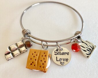 S'mores Bangle, S'mores Charm Bracelet, Camping Bangle, S'more Love, Summer Camp, Campfire Bangle, Adjustable