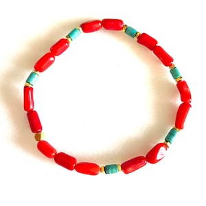 Red Coral and Turquoise Bracelet, Genuine Red Bamboo Coral, Blue Green Turquoise, 24K Gold Vermeil, Stretch Bracelet, Unisex.