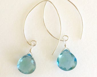 Aquamarine Earrings, March Birthstone, Aqua Blue Hydro Quartz Briolettes, Aquamarine Heart Briolettes, Sterling Silver, 14K Gold Fill.