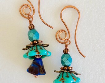 Turquoise Lapis Blue Flower Earrings, Rustic Picasso Flowers, Premium Czech Glass, Flower Earrings, Boho, Handmade Copper Wires