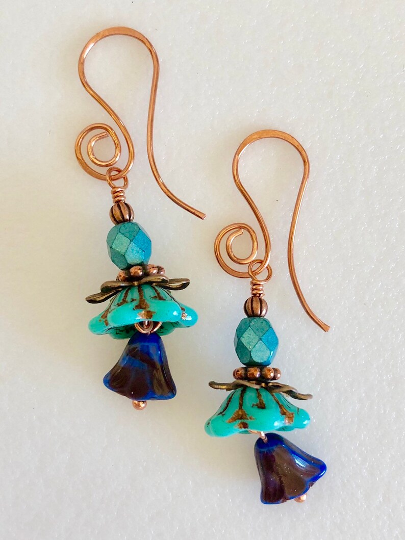 Boho Premium Czech Glass Turquoise Lapis Blue Flower Earrings Handmade Copper Wires Flower Earrings Rustic Picasso Flowers