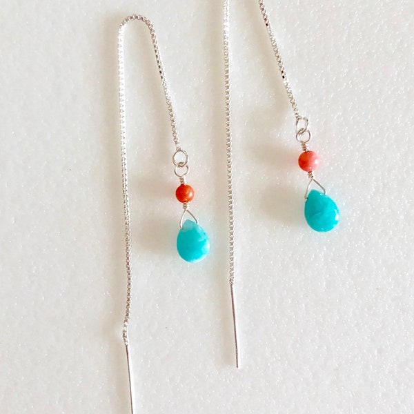 Amazonite Threader Earrings, Petite Peruvian Blue Amazonite And Coral, Trendy Threader Earrings, Delicate, Sterling Silver Box Chain