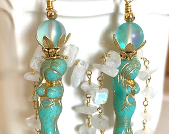 Mermaid Earrings, Turquoise Czech Glass Mermaids, Golden Picasso Wash, Mystic Aura Quartz, Rainbow Moonstone Chains, Beach, Boho
