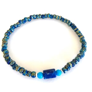 Men’s Lapis Turquoise Stretch Bracelet, Blue Lapis Lazuli, Sky Blue Turquoise, Premium Picasso Czech Beads, Minimalist, Skinny, Unisex