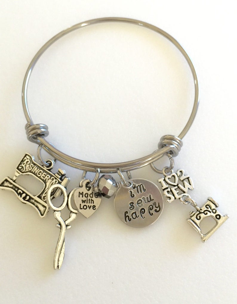 Sewing Bangle, Sewing Charm Bracelet, Love To Sew Bangle, Hand Stamped I'm Sew Happy, Sewing Machine, Sewing Gift, Custom, Stainless Steel image 3