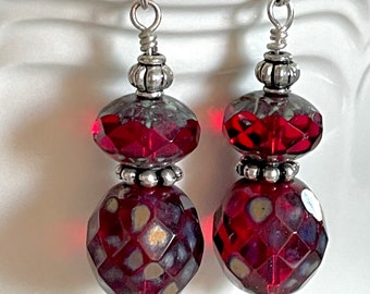 Ruby Red Earrings, Red Earrings, Red Faceted Glass Earrings, Picasso Czech Glass, Cherry Red Dangle Earrings, Silver, Gold.