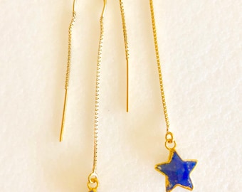 Lapis Lazuli Star Threaders, Threader Earrings, Gold Electroplated Lapis Star, 14K Gold Fill Box Chain Threaders, Delicate Earrings, Boho