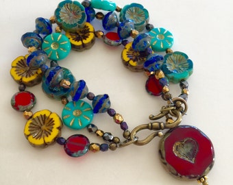 Pulseira Boho com Flor de Vidro Checo e Fecho Vintage em Bronze
