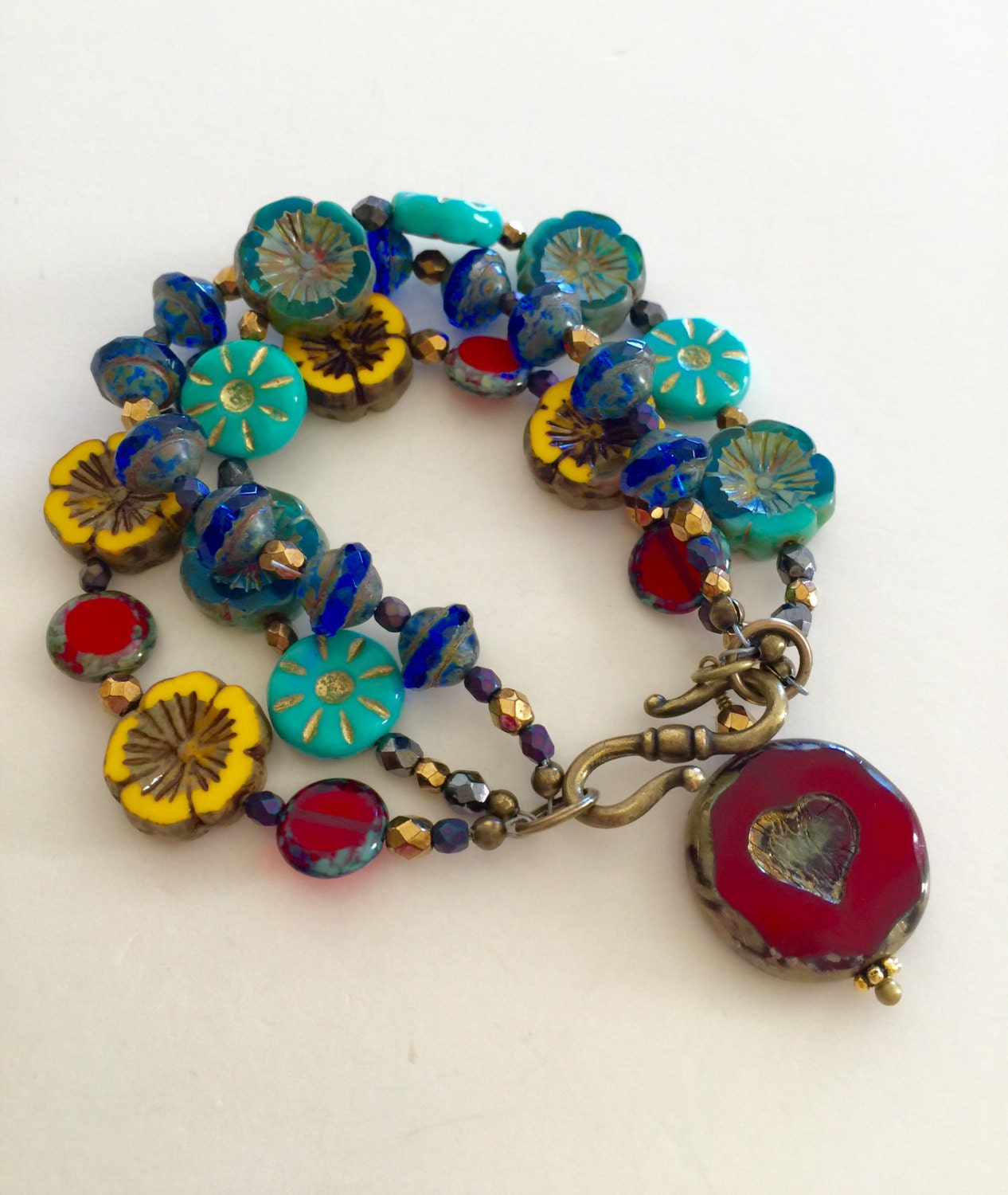 Boho Czech Glass Flower Bracelet, Vintage Bronze Clasp - Etsy