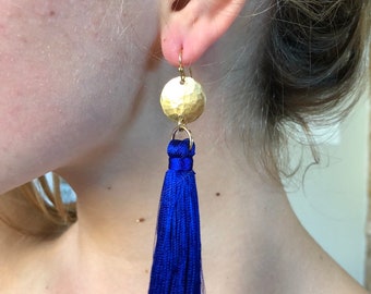 Long Silk Tassel Earrings, Sapphire Blue, Red, Silver Tassels, Premium Quality Silk, Statement Earrings, Hammered Brass, Gold Fill Ear Wires