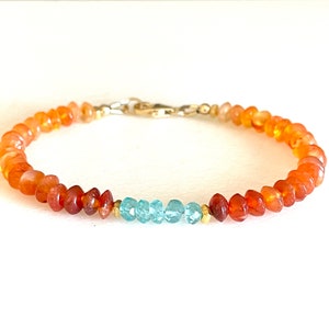 Ombre Carnelian and Blue Aquamarine Gemstone Bracelet, Natural Orange Carnelian, Gold Vermeil, Gold Fill, Sterling Silver.